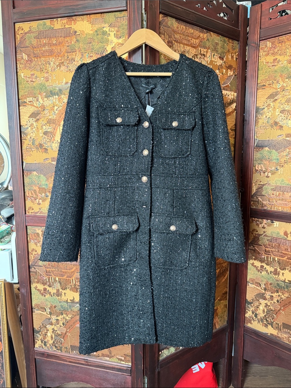 Saks Fifth Avenue Black Tweed Coat with Gold Buttons